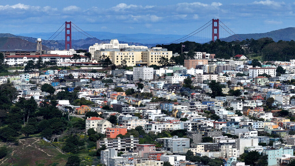 SAN FRANCISCO, CALIFORNIA – MARCH 29: A general view of Golden Gate Bridge and residential areas by the Pacific Coastline in San Francisco, California